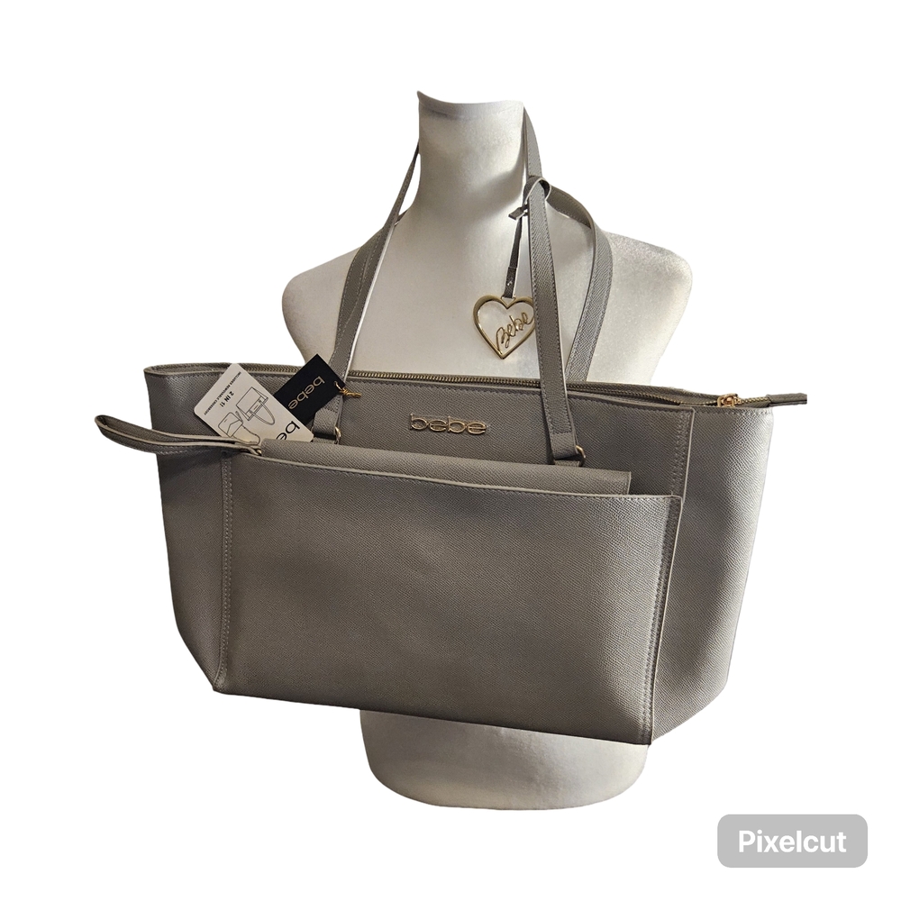 NWT Bebe Tanya Gray Tote with Logo Pouch Bag